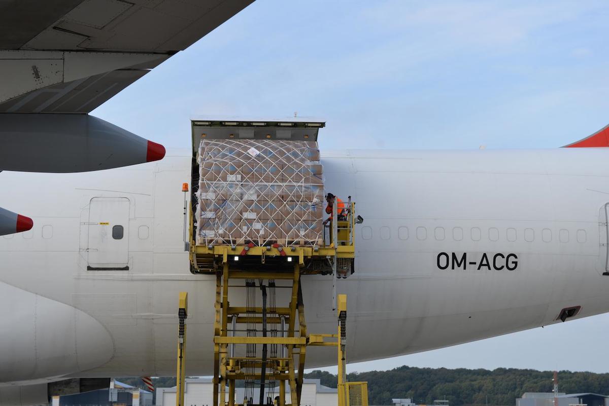 On 23 September 2014, UNICEF Ebola household protection kits bound for Liberia are loaded onto a Boeing 747 cargo flight in Billund Airport in Denmark