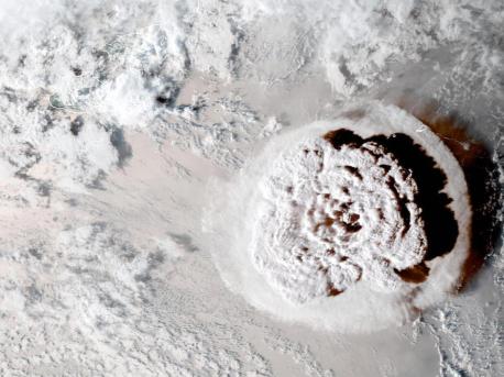 On January 15, 2022, a satellite image captures another explosive eruption of the underwater Hunga Tonga Hunga Ha'apai volcano near the island nation of Tonga.