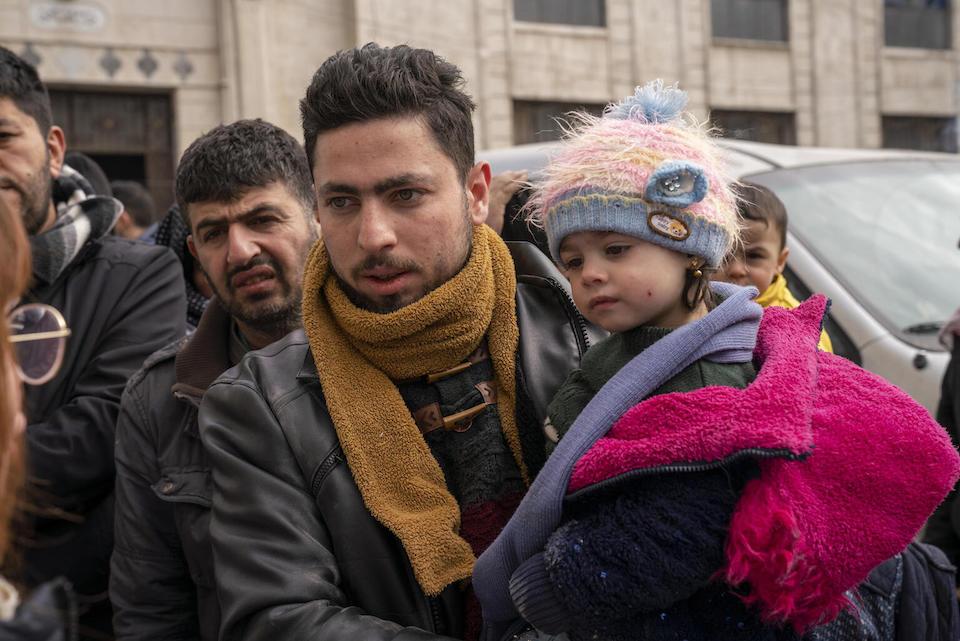 Ahmad brings his 2-year-old daughter, Amirah, to be screened for malnutrition at a UNICEF-supported mobile health clinic in the neighborhood of Alsaheen, Aleppo. 