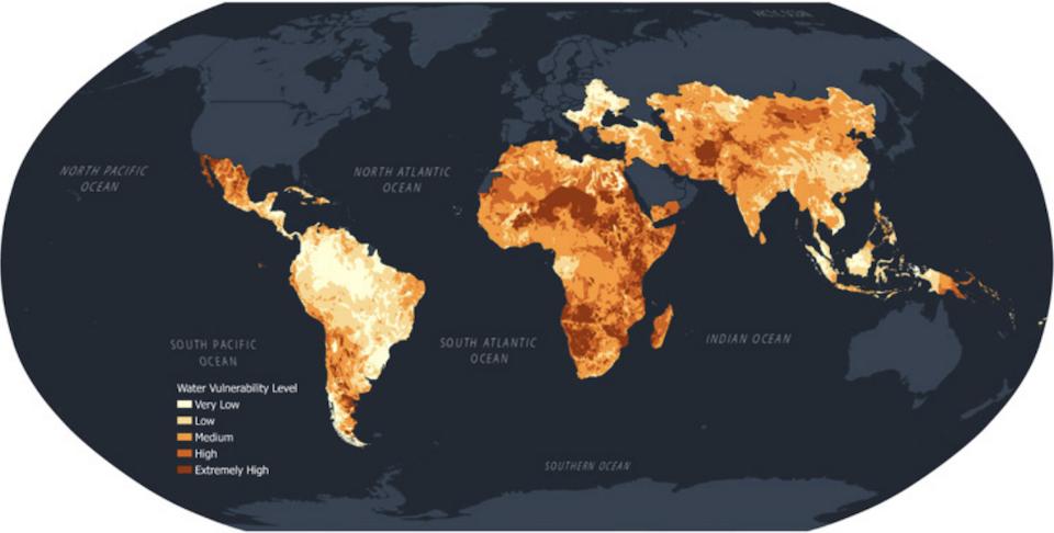 A world map showing levels of water vulnerability are extremely high in parts of Africa and Asia compared to North America and Europe..