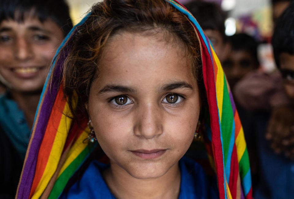 A young girl at the UNICEF-supported Temporary Learning Center for children affected by the 2022 floods in Saleh Shah, Sindh province, Pakistan.