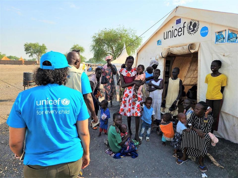 Refugees from the war in Sudan receive assistance at a transit site in Roriak, Unity State, South Sudan.