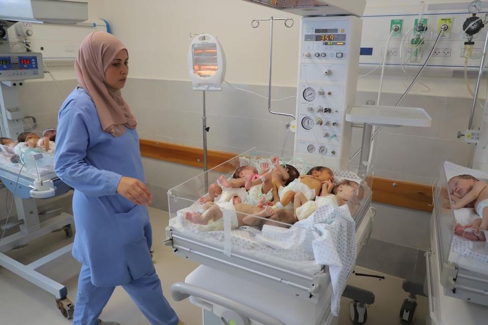 Babies rescued from Al-Shifa hospital in northern Gaza are relocated to the Al-Helal Al-Emarati Hospital in Rafah, in the south of the Gaza Strip, where UNICEF is supporting the humanitarian response to ongoing conflict..