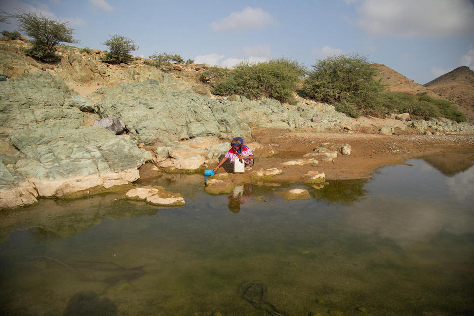 Seven-year-old Madina of Gelhanty village, Agig, Red Sea state, Sudan, scoops water from a creek shared by animals.