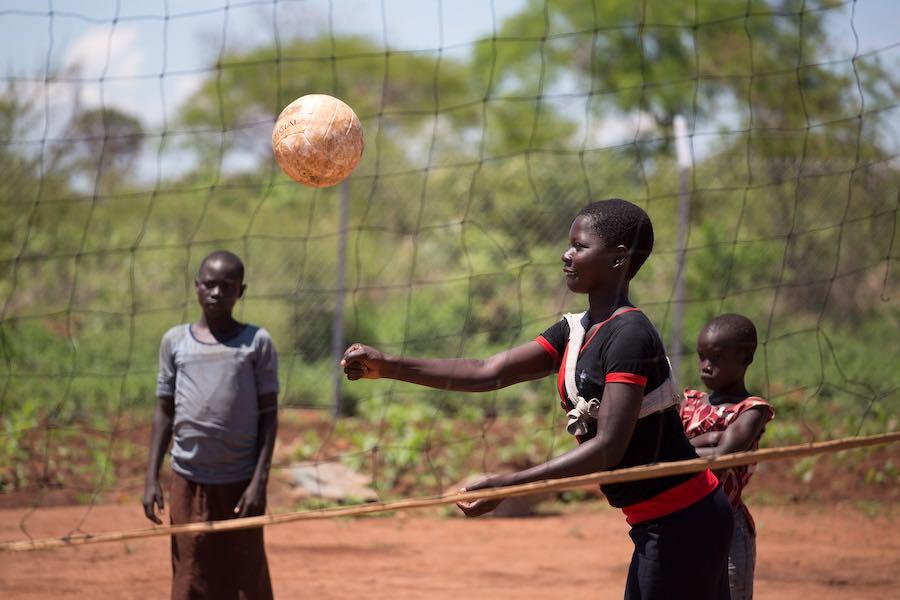 May 16, 2017. Girls play volleyball at a child friendly space in Bidi Bidi Refugee Settlement. Conflict and famine in South Sudan have led to an exodus of refugees into Uganda. Picture: JAMES OATWAY