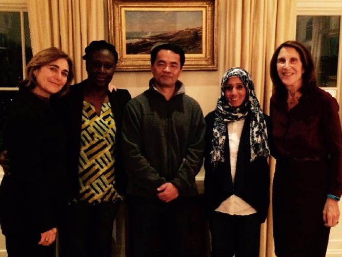 Pictured from left to right, Harvard FXB Professor Jacqueline Bhabha, new fellows Emelia Allan, Chivith Rottanak, and Noor Al-Kasadi, and UNICEF National Board Member Barrie Landry at a welcome dinner in Boston.