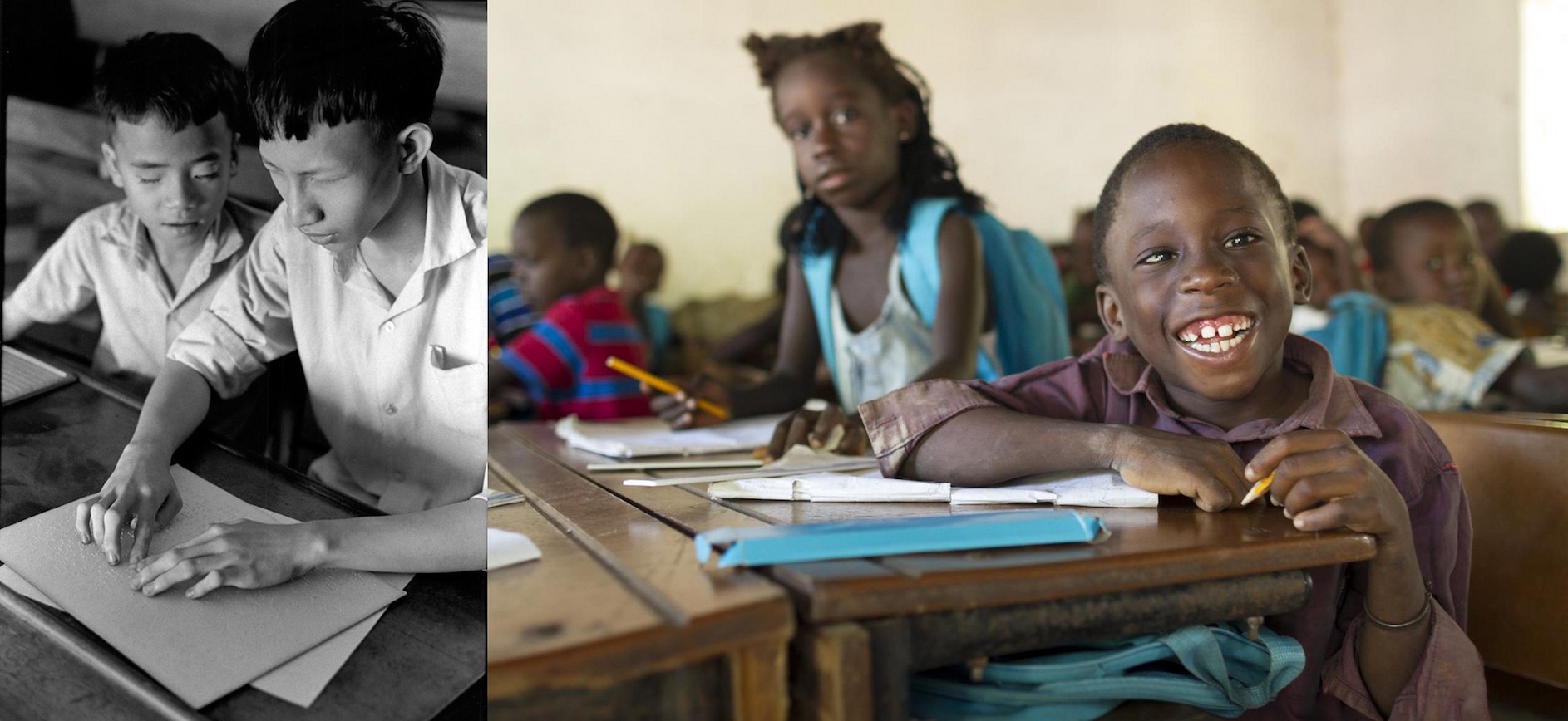 (Left) In 1972 in South Viet-Nam, two boys who are blind read Braille. Despite the difficulty of the war, special schools have been set up. (Right) In 2014, Usher, 7, who has a physical disability, a first grade student in Guinea Bissau, learns as an equa