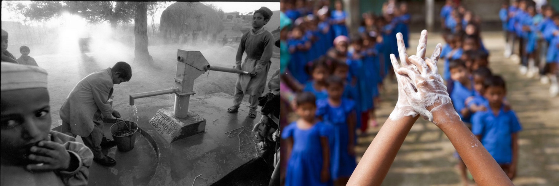 (Left) In 2000 in Afghanistan, boys collect water at a handpump on the outskirts of the town of Laghman. (Right) In 2012, a School Brigade member demonstrates proper hand washing techniques during assembly in Bangladesh.