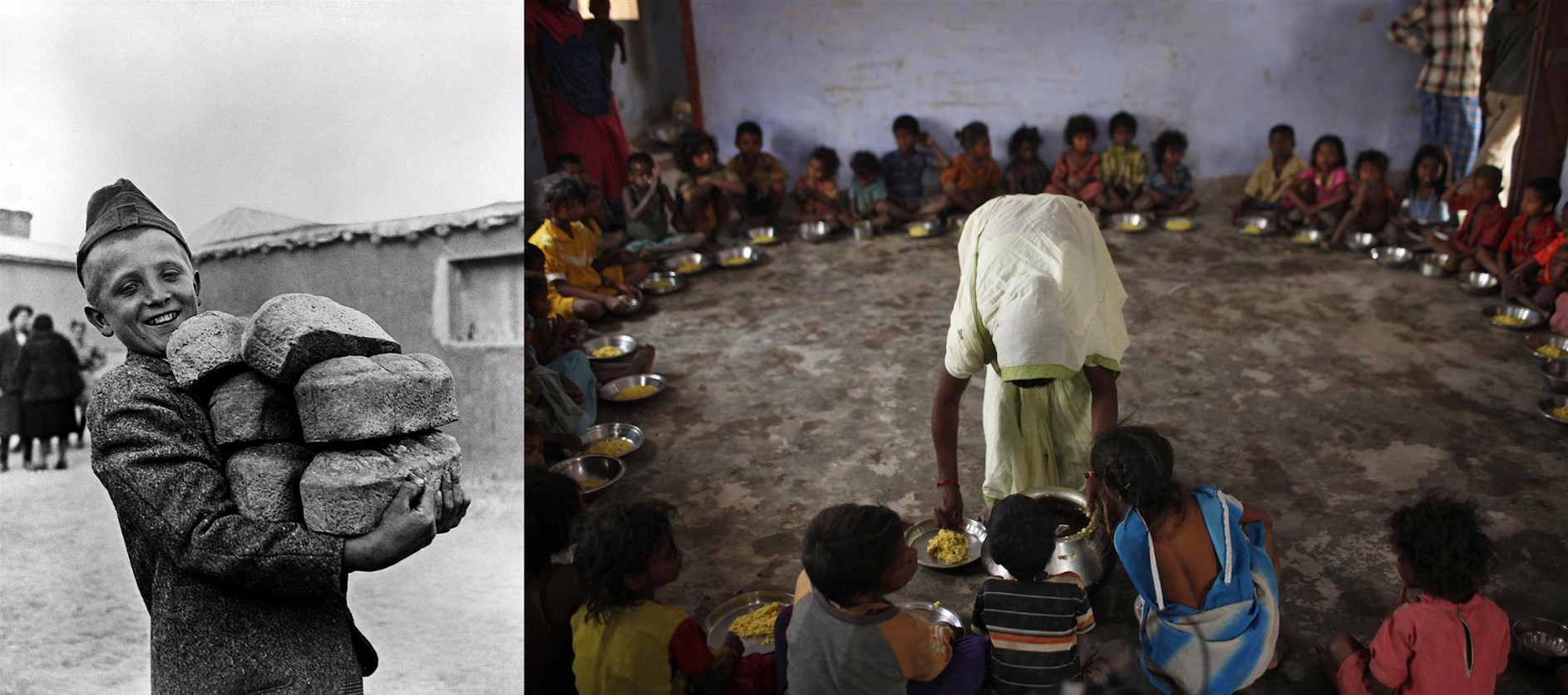 (Left) In 1946 in Poland, a smiling boy carries six loaves of bread. In 2009 in India, malnourished children receive a meal of rice and dal in Sullineabad Village where basic health education, nutrition services are provided at the village level for child