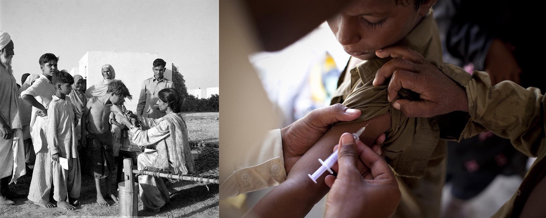 (Left) Circa 1949 in India, a health worker vaccinates a boy against tuberculosis in the town of Faridabad, near Delhi. (Right) In 2010, a health worker vaccinates a boy in a camp for people displaced by flooding, in Sindh Province in Pakistan.