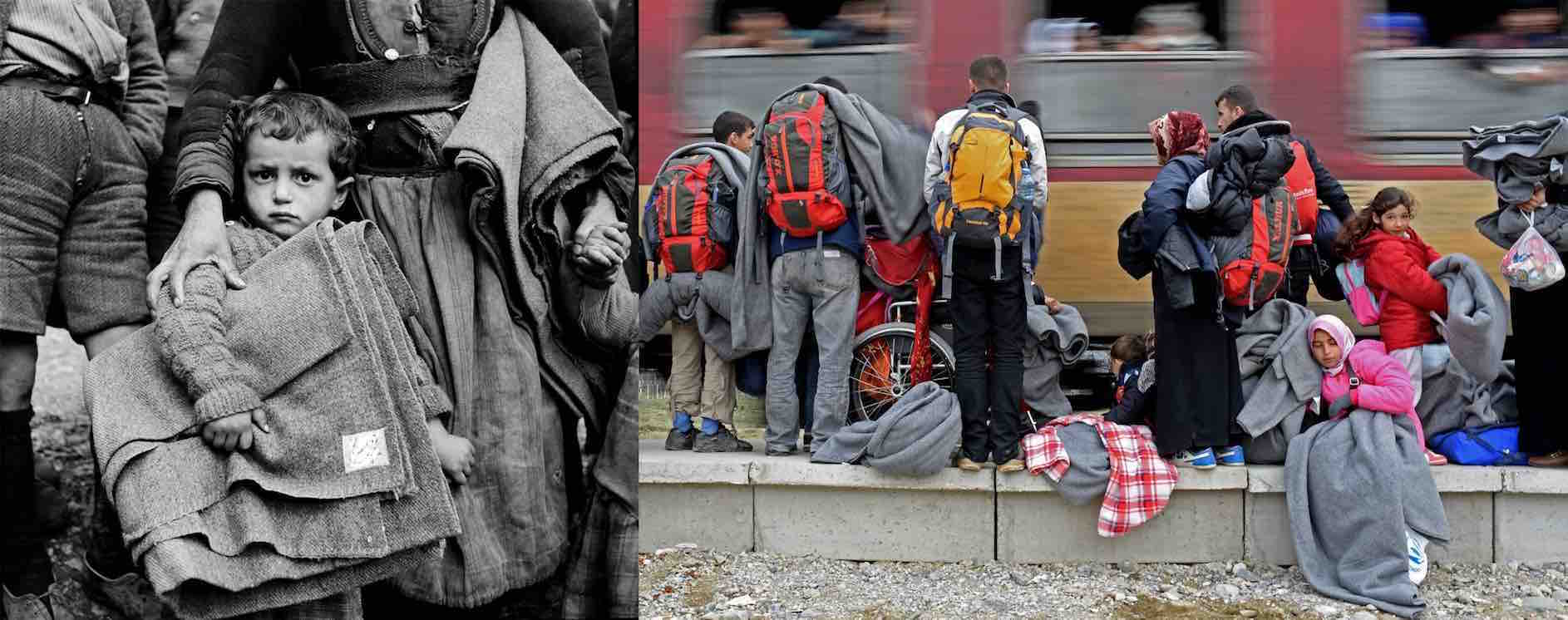 (Left) Circa 1950, in the north-western town of Castoria, Greece, a boy holds a blanket, clutching the skirt of a woman. (Right) In 2015 in the Former Yugoslav Republic of Macedonia, refugees stand on the train platform outside a transit centre, on their 