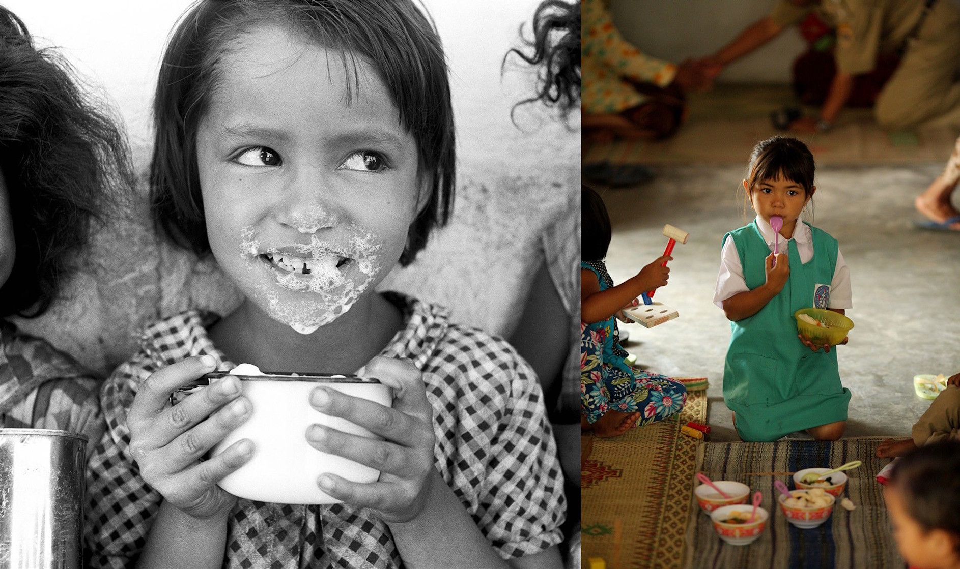 (Left) Circa 1950, approximate locale Guatemala, five-year-old Norma Salandia’s mouth and nose are covered with foamy milk, after drinking from her cup. (Left) In 2015, a girl eats food prepared by ‘cadres’ who play an important role in Indonesia’s health