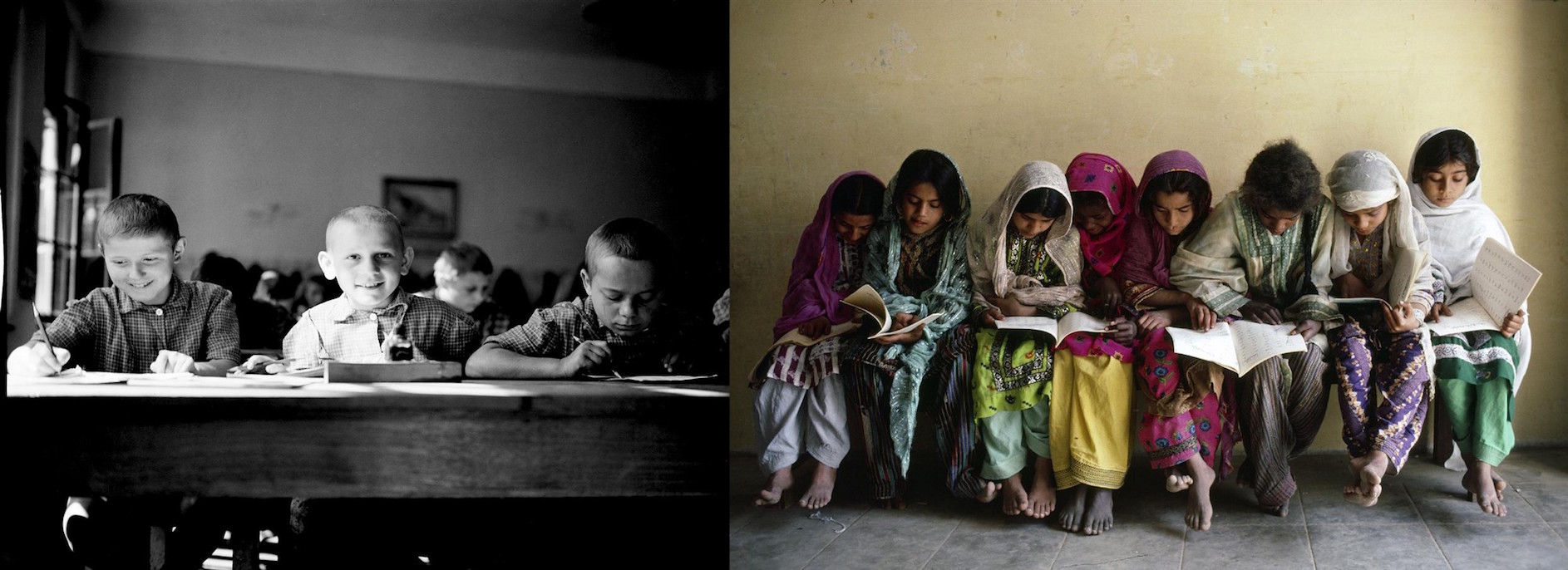 (Left) In 1946 in Yugoslavia, three boys share a desk in a school in the city of Karlovac in the north-western region of Croatia. (Right) In 1983 in Pakistan, girls share books and a bench after class in their school in the city of Karachi.