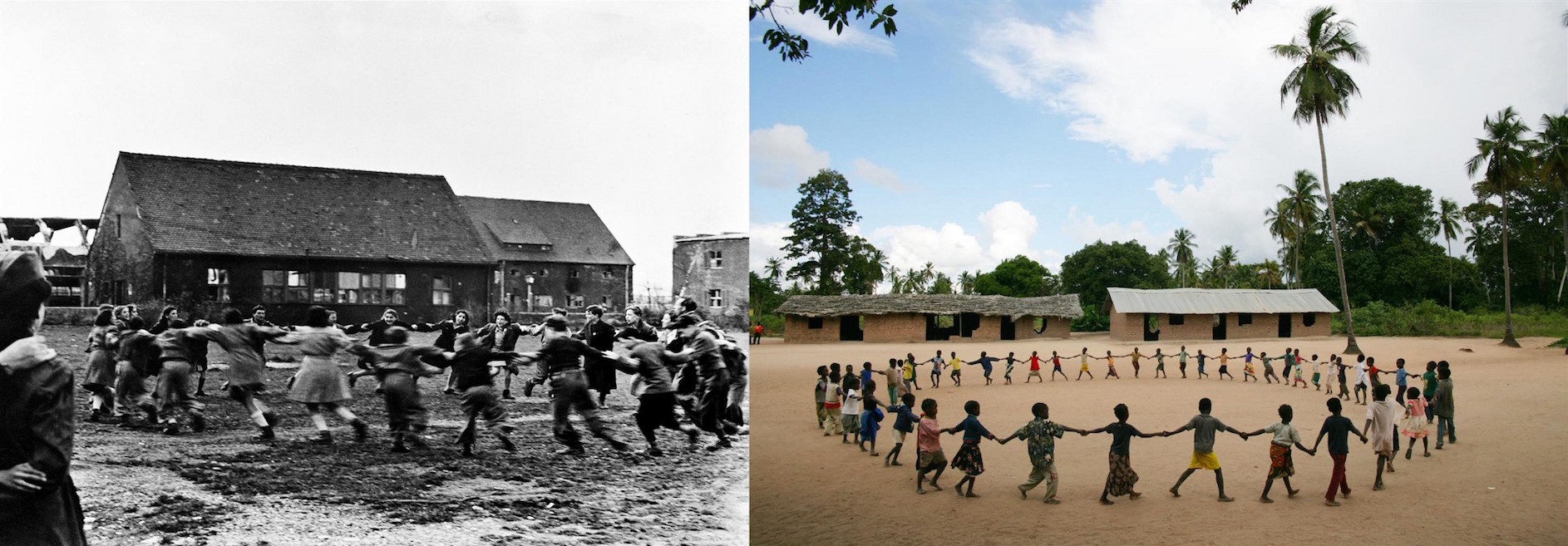 (Left) In 1946 in Germany, children — most of who lost parents in concentration camps — perform a folk dance at an army telecommunications camp. (Right) In 2006, children play during recess at a school in one of the poorest districts in Zambezia Province 