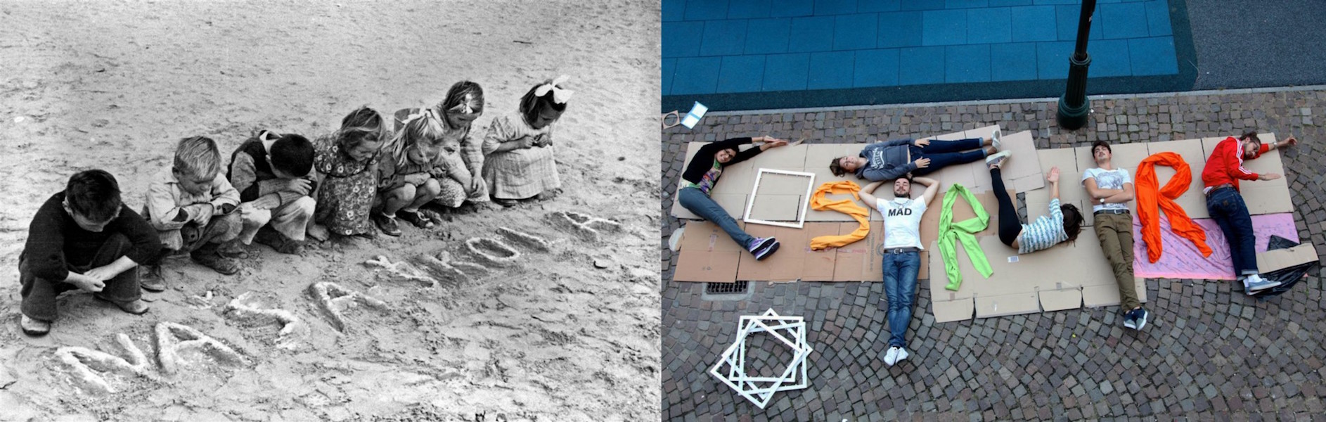 (Left) Circa 1946 in Egypt, children look at the Serbo-Croatian words ‘nasa skola’ (our school) written in the sand in a refugee camp. (Right) In 2014 in Italy, adolescents spell the word ‘costruire’ (to build), chosen to reflect the need to build a new g