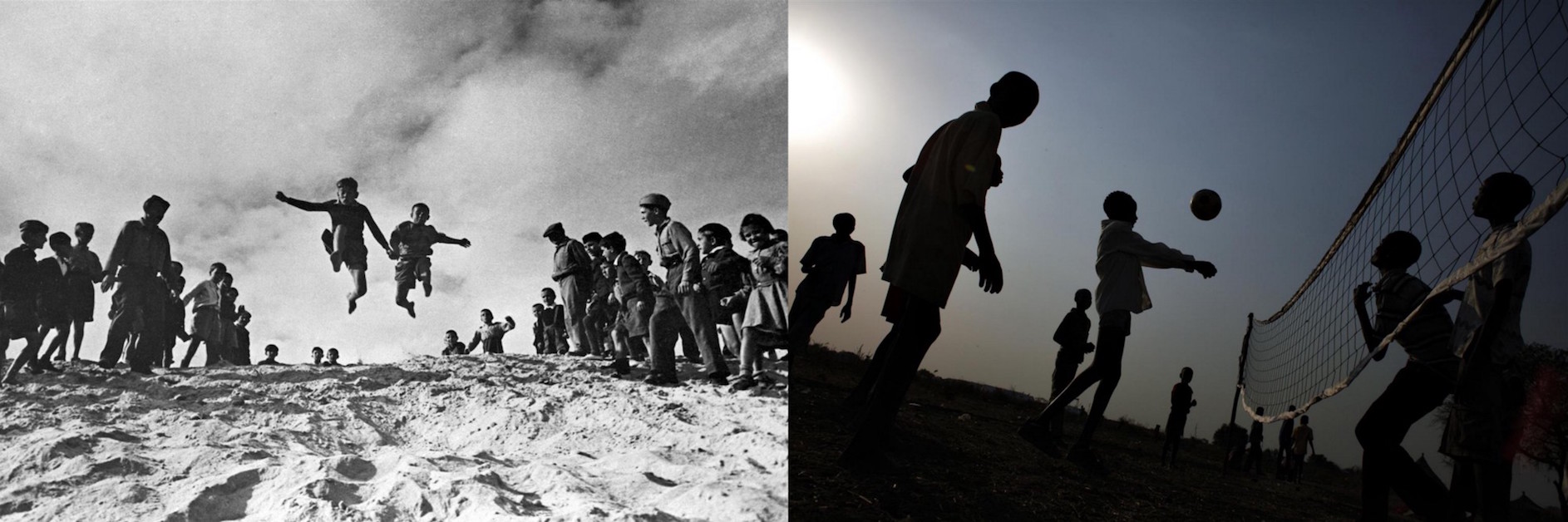 (Left) In 1947 in Egypt, boys are cheered on during the long-jump event of a sports competition at a refugee camp. Eighteen months before, these children were at war. (Right) In 2012, boys displaced by inter-ethnic violence play volleyball, outside a chil