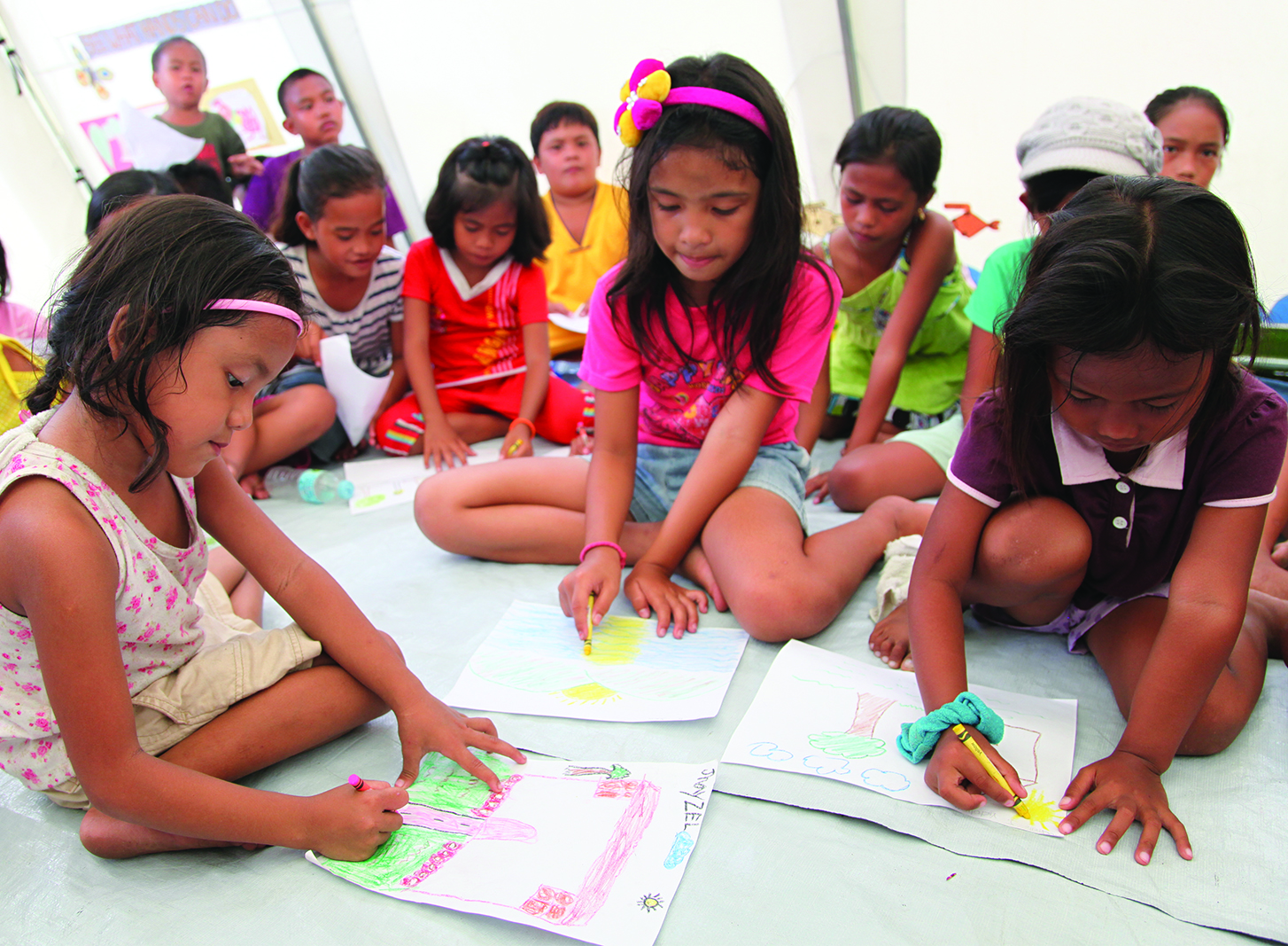 On November 8, 2013, Typhoon Haiyan struck the Philippines. As one part of its response, UNICEF set up a Child-Friendly Space where children can participate in educational and recreational activities as well as receive psychosocial support. 
