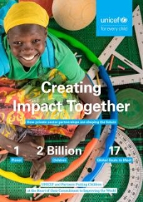 The cover to the Creating Impact Together report. A child sits among learning and exercise tools like protractors and hula hoops and balls.