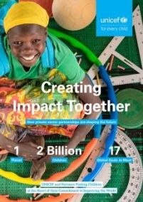 The cover to the Creating Impact Together report. A child sits among learning and exercise tools like protractors and hula hoops and balls.