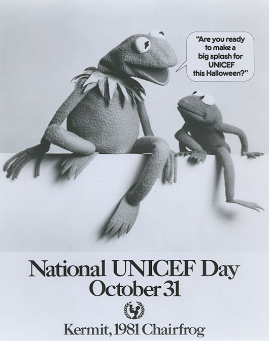 Kermit the frog and his nephew, Robin, pose in a 1981 UNICEF ad announcing themselves as the years 'Chairfrogs.'