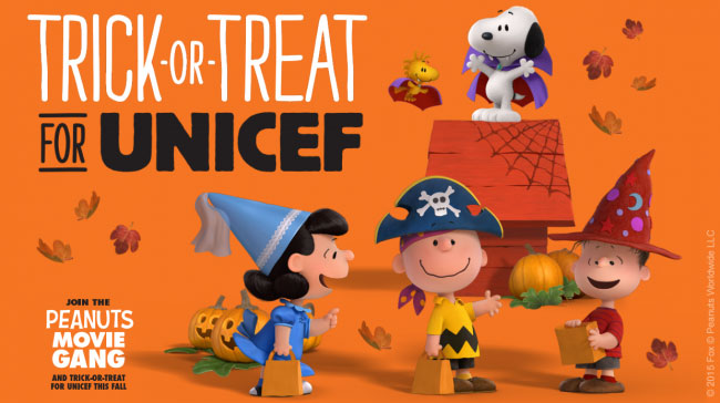 A Trick-or-Treat for UNICEF promotional poster featuring the Peanuts comic characters in Halloween outfits.