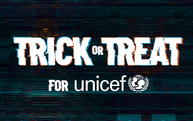 Trick-or-Treat for UNICEF logo, with a TV snow effect in the background.