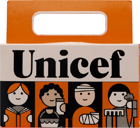 A Trick-or-Treat for UNICEF box with four simple cartoons of children printed on the side.