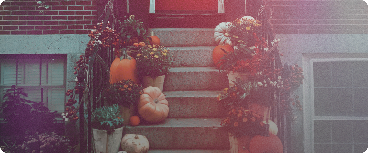 A brownstone's front steps, adorned with pumpkins and autumn flowers. The front door is red, and the walls are brick