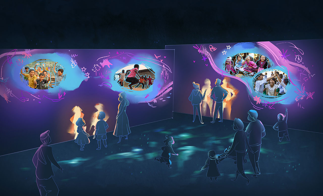 Mosaic illustration of viewers of all ages in a dark luminescent room, looking at four illustrated images on the walls, of children playing, surrounded by colorful stick figure buildings and butterflies 