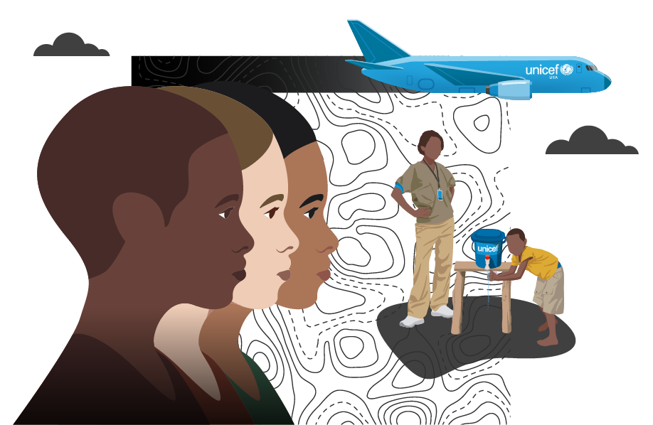 Three illustrated profiles of women with varying shades of skin, facing right. To their right are a drawing of a UNICEF plane, and a UNICEF worker watching a child get water out of a UNICEF water cooler.