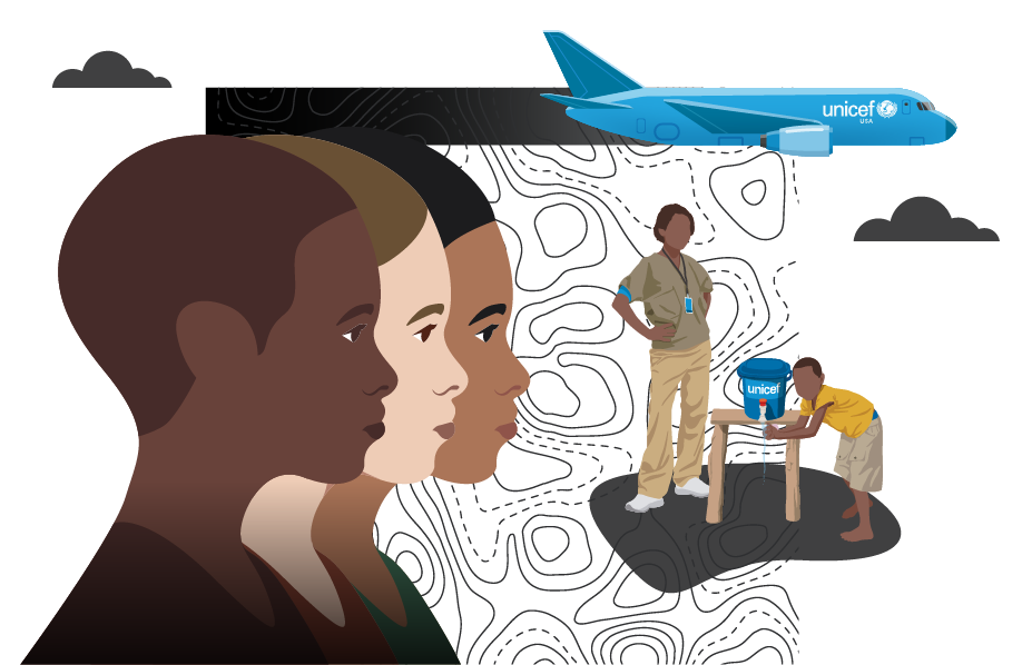 Three illustrated profiles of women with varying shades of skin, facing right. To their right are a drawing of a UNICEF plane, and a UNICEF worker watching a child get water out of a UNICEF water cooler.