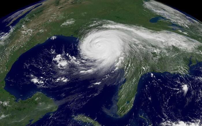 a satellite image of Hurricane Katrina over the Southeastern United States.