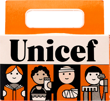 A Trick-or-Treat for UNICEF box with four simple cartoons of children printed on the side.