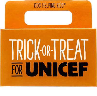 Orange box with the text Trick-or-Treat for UNICEF, and Kids helping kids.