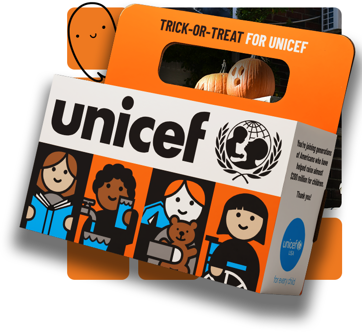 Trick-or-Treat for UNICEF box with cartoon faces on the front, and there is line art of a ghost looking out from behind the box.