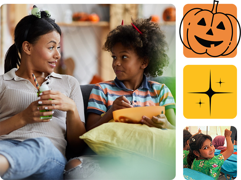 Collage of a mother and daughter sitting on a couch together with Halloween candy, a little girl raising her hand in a classroom while smiling, and line art of a jack-o-lantern.