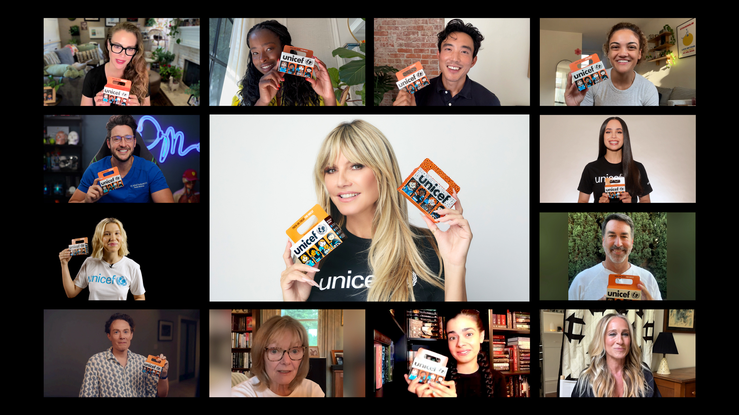 A collage, Heidi Klum holding a Trick-or-Treat for UNICEF box, a child in a lion costume, and a child washing at a UNICEF washing station.
