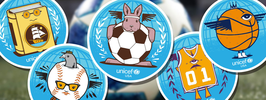 Blue circle UNICEF stickers, each with a cartoon in the middle: a rabbit holding a football, a book wearing glasses, a basketball with wings and an eye, a baseball with a pigeon coming out of the top of it, and a basketball jersey with an eye and wings.