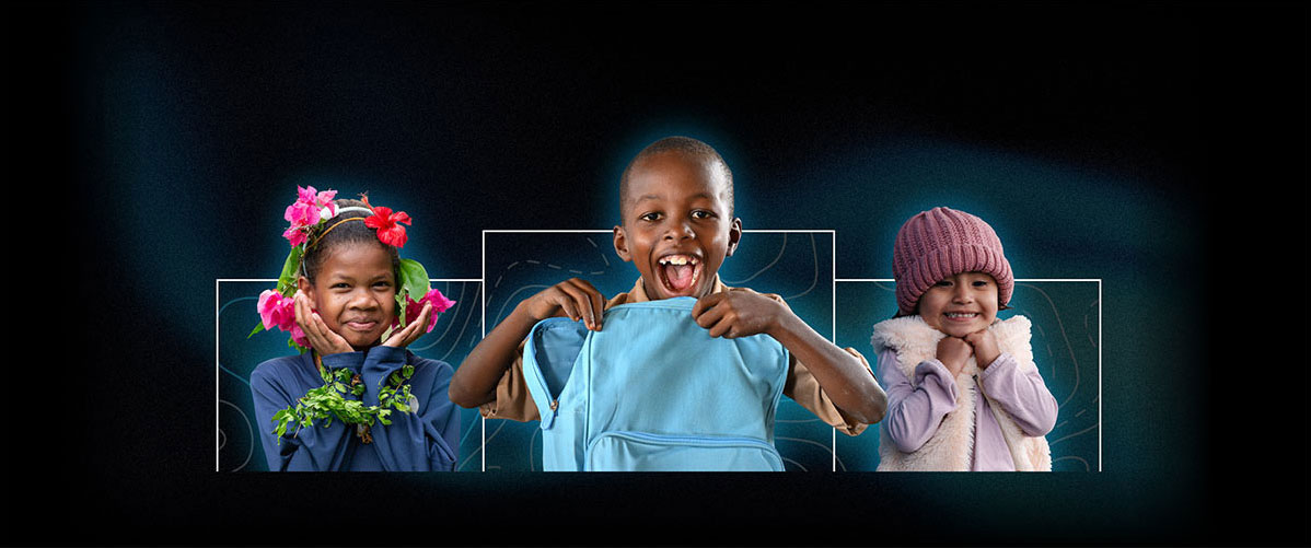 Collage of three children. One in a flower bonnet, one happily surprised with a blue UNICEF backpack, and one happily bundled up in winter clothes.