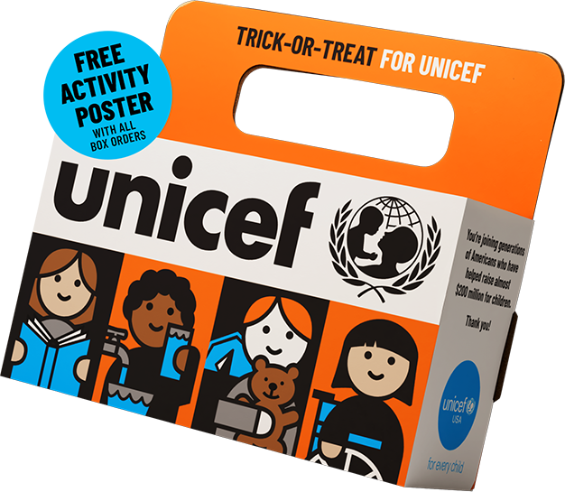 A Trick-or-Treat for UNICEF box with four simple cartoons of children printed on the side. A blue sticker over it says, 'Free activity poster, with all box orders.'