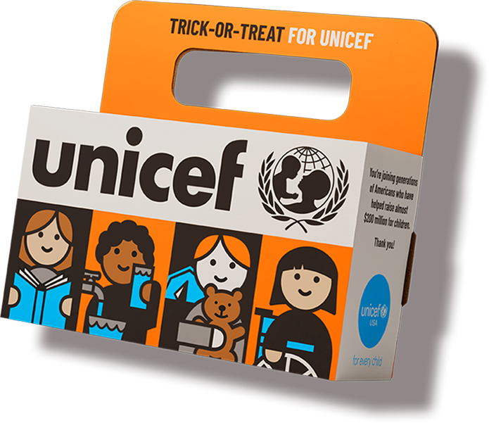 A Trick-or-Treat for UNICEF box with four simple cartoons of children printed on the side.