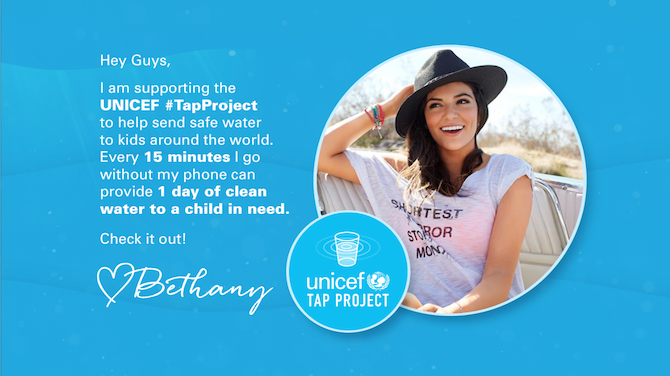 YouTube star and UNICEF Supporter Bethany Mota joined the UNICEF Tap Project in 2015, helping to engage fans and amplify UNICEF’s message about the world water crisis