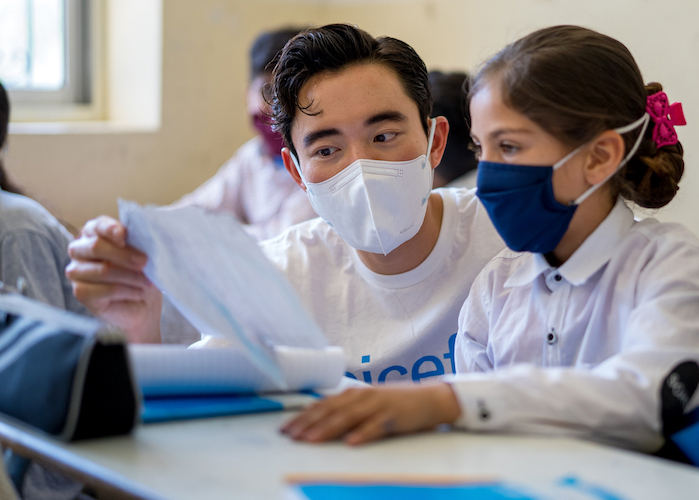At Nashi Al Salim Private School in Aramoun, Lebanon on May 24, 2022, UNICEF Ambassador Justin H. Min joined students attending a School Bridging Program designed to get out-of-school children back into the classroom. 
