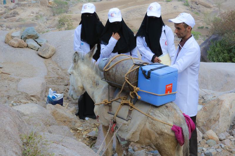 Health Worker in war-torn Yemen uses donkey to get polio vaccines to children in remote village.