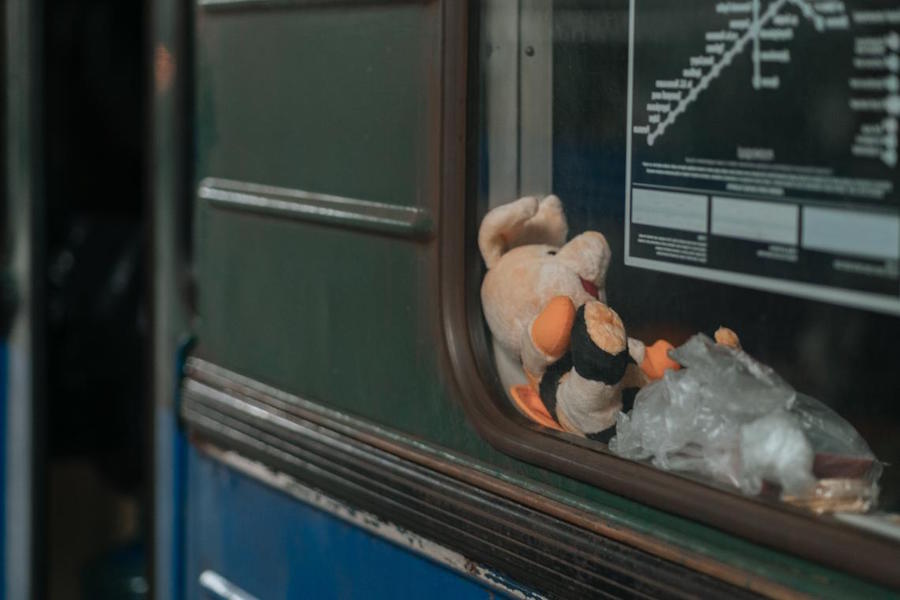 Children's toys in the window of a train car in the Kharkiv metro, where about 1,500 children are hiding from the ongoing shelling.