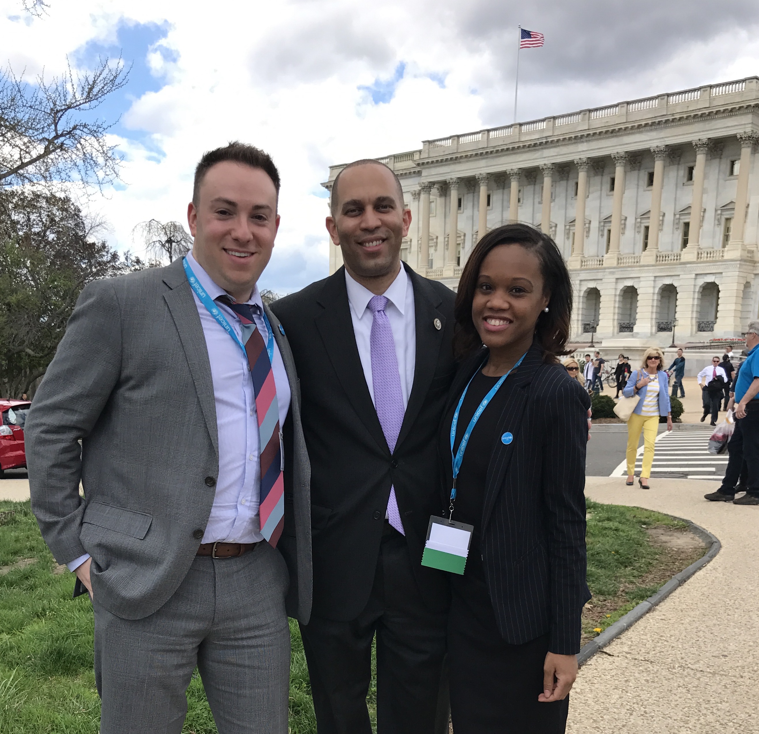 UNICEF USA advocates Michael Braun (left) and Fabienne Pierre (right) meet Rep. Hakeem Jeffries (D-NY).