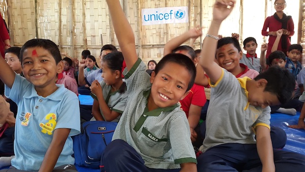 Boys at the Kuleshwor School in Kathmandu are happy to return to school for the first time since the earthquakes.