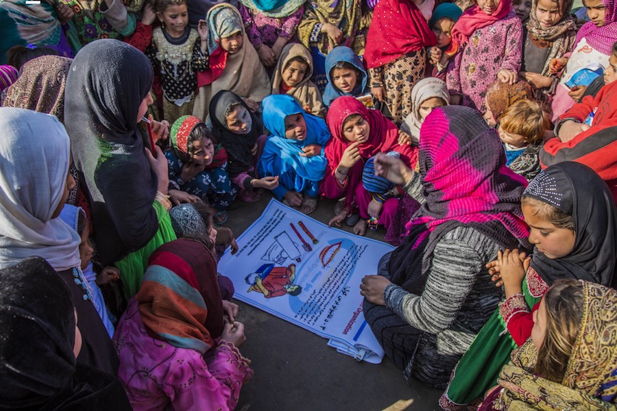 Girls attend a learning session about good hygiene practices at the UNICEF-supported Child-Friendly Space in Nangarhar province in eastern Afghanistan in 2017.