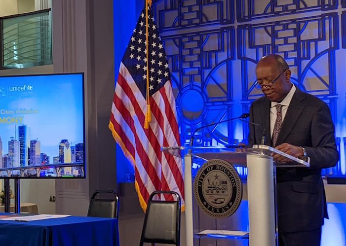 Houston Mayor Sylvester Turner announces the city's official recognition as a candidate in the UNICEF Child Friendly Cities Initiative on August 11, 2022. 