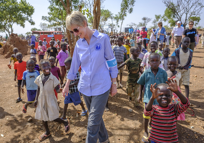 Sister Jean Bingham of LDS Charities gets a warm welcome at a UNICEF-supported ECD center in Bidi Bidi settlement, Uganda. 